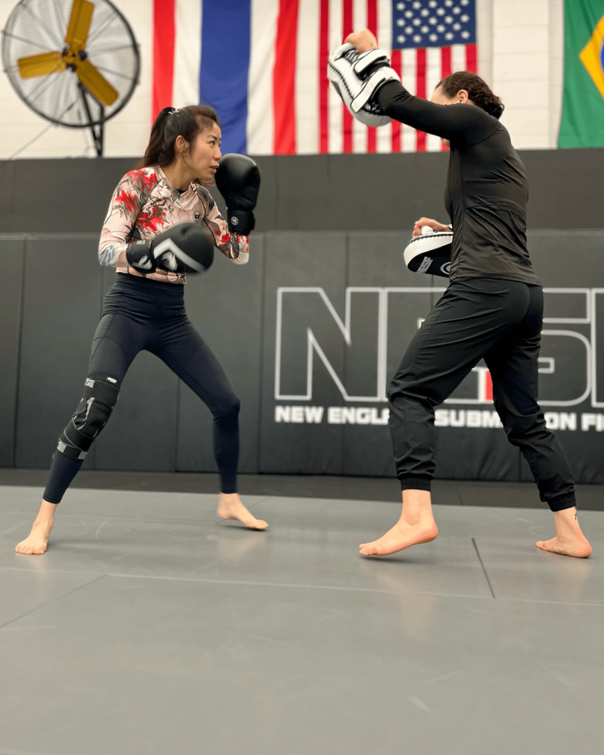Two women hitting Thai pads.
