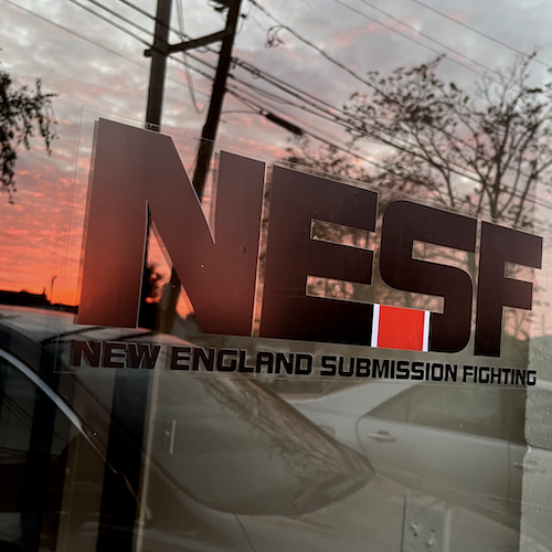 Reflection of sunrise on the exterior door of NESF Boston.